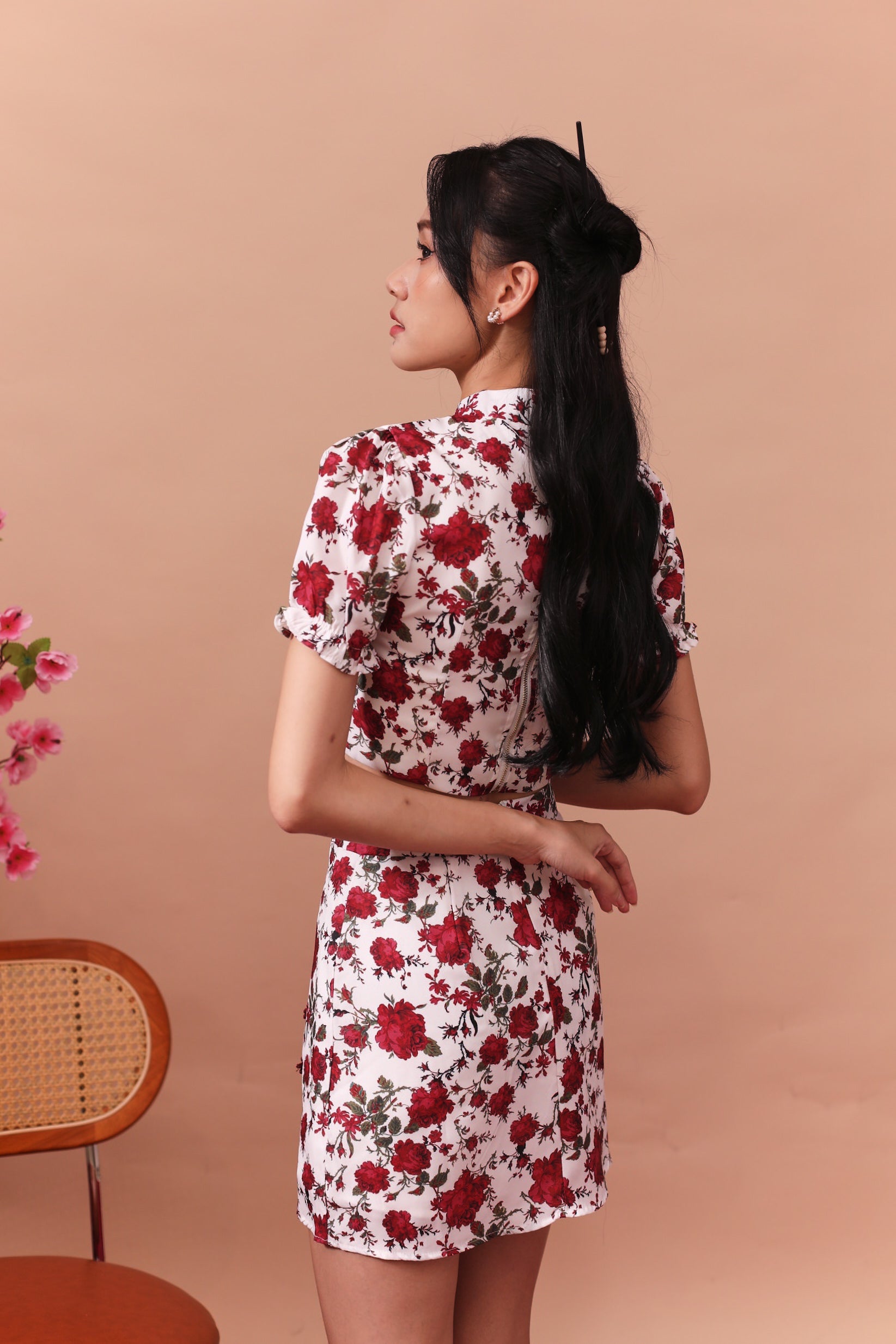 Mu Dan Cheongsam Top - White & Red