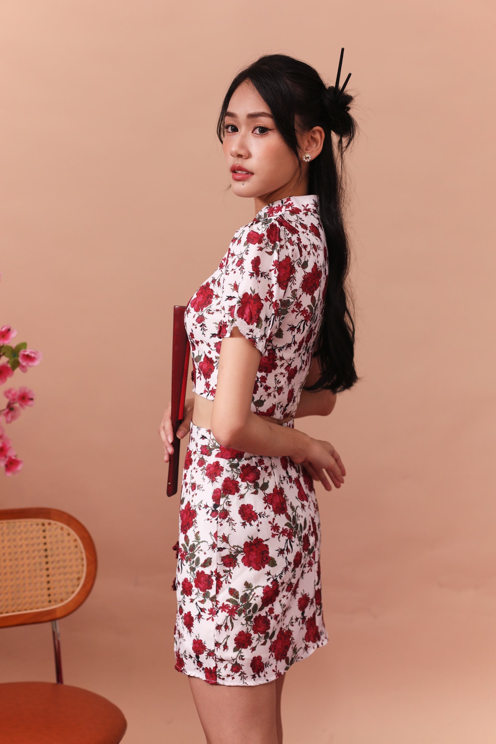 Mu Dan Cheongsam Top - White & Red