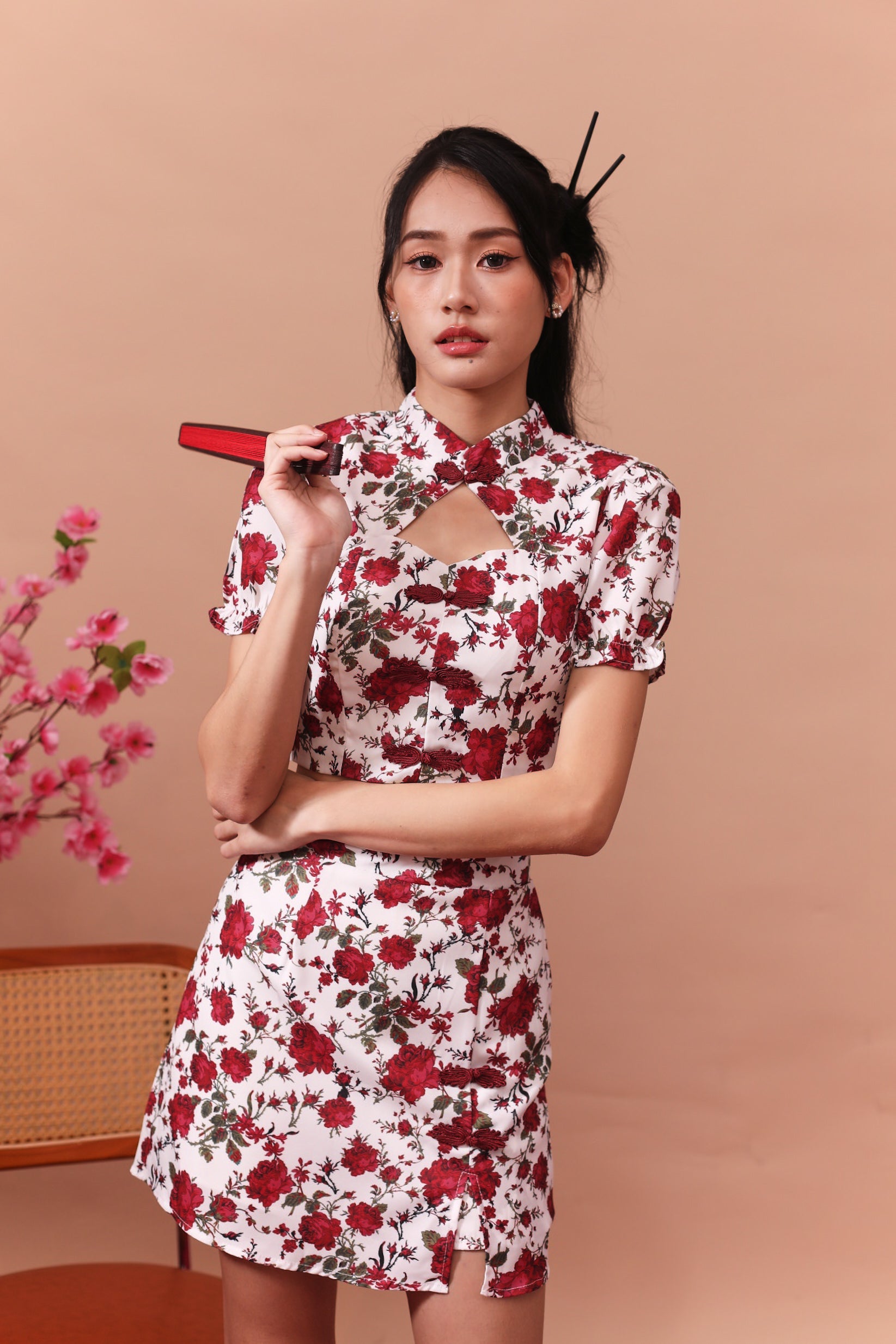 Mu Dan Cheongsam Top - White & Red