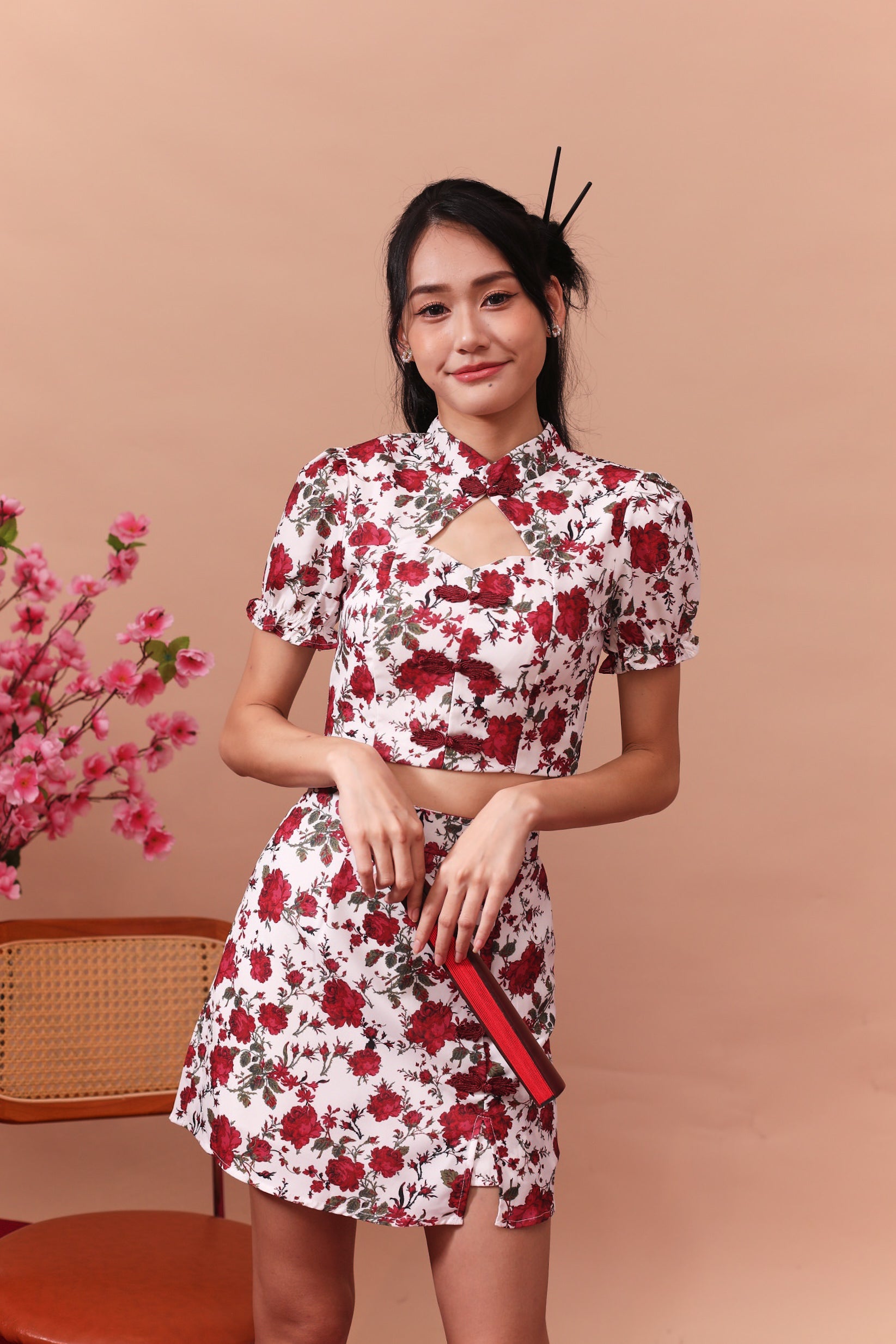 Mu Dan Cheongsam Top - White & Red