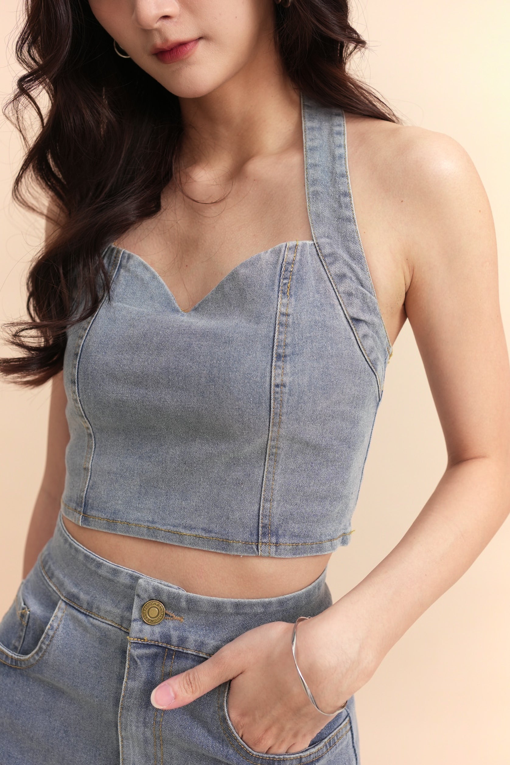 Filix Denim Halter Top -  Acid Blue