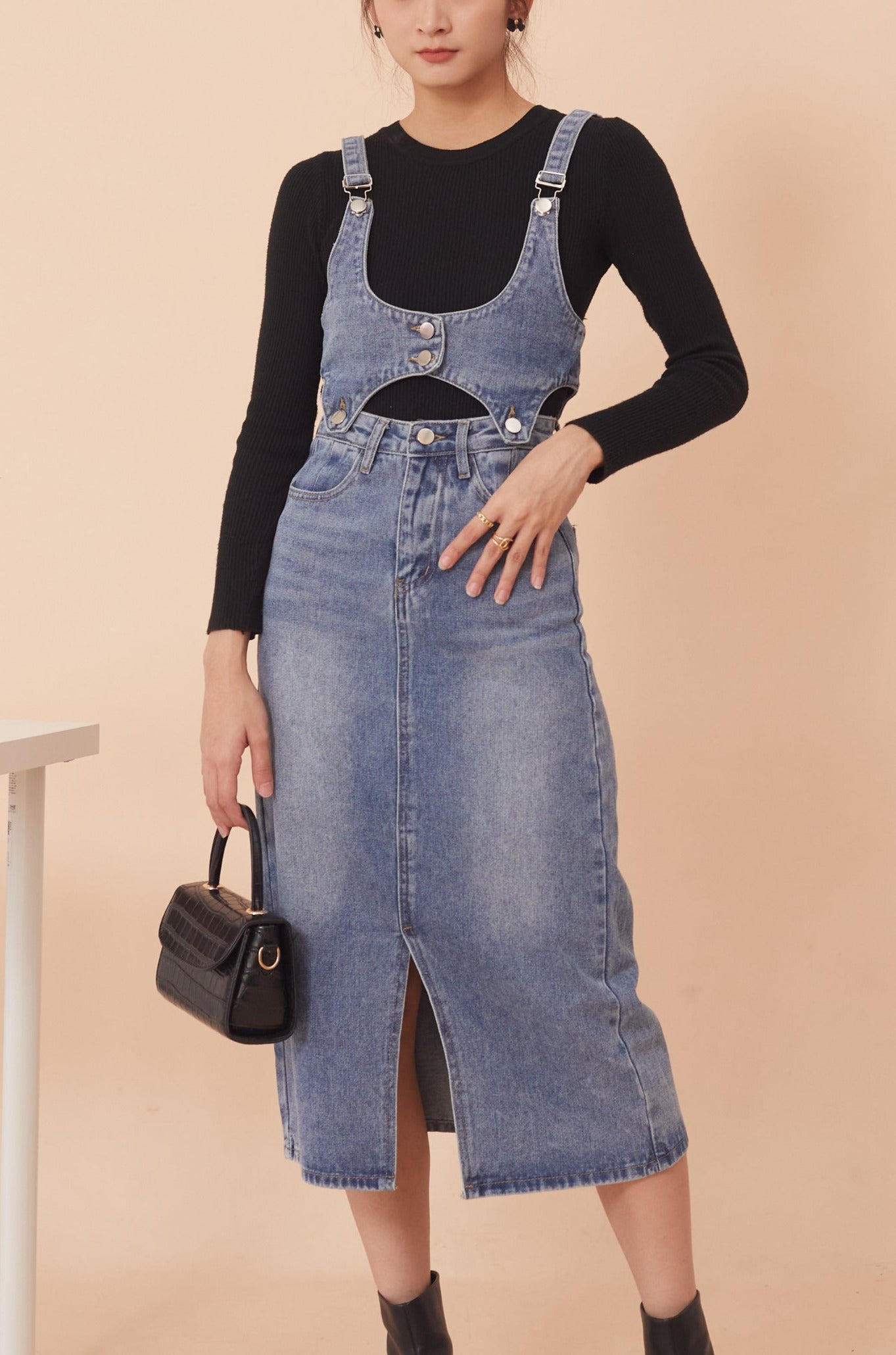 Sharon Denim Dungaree Midi-Skirt