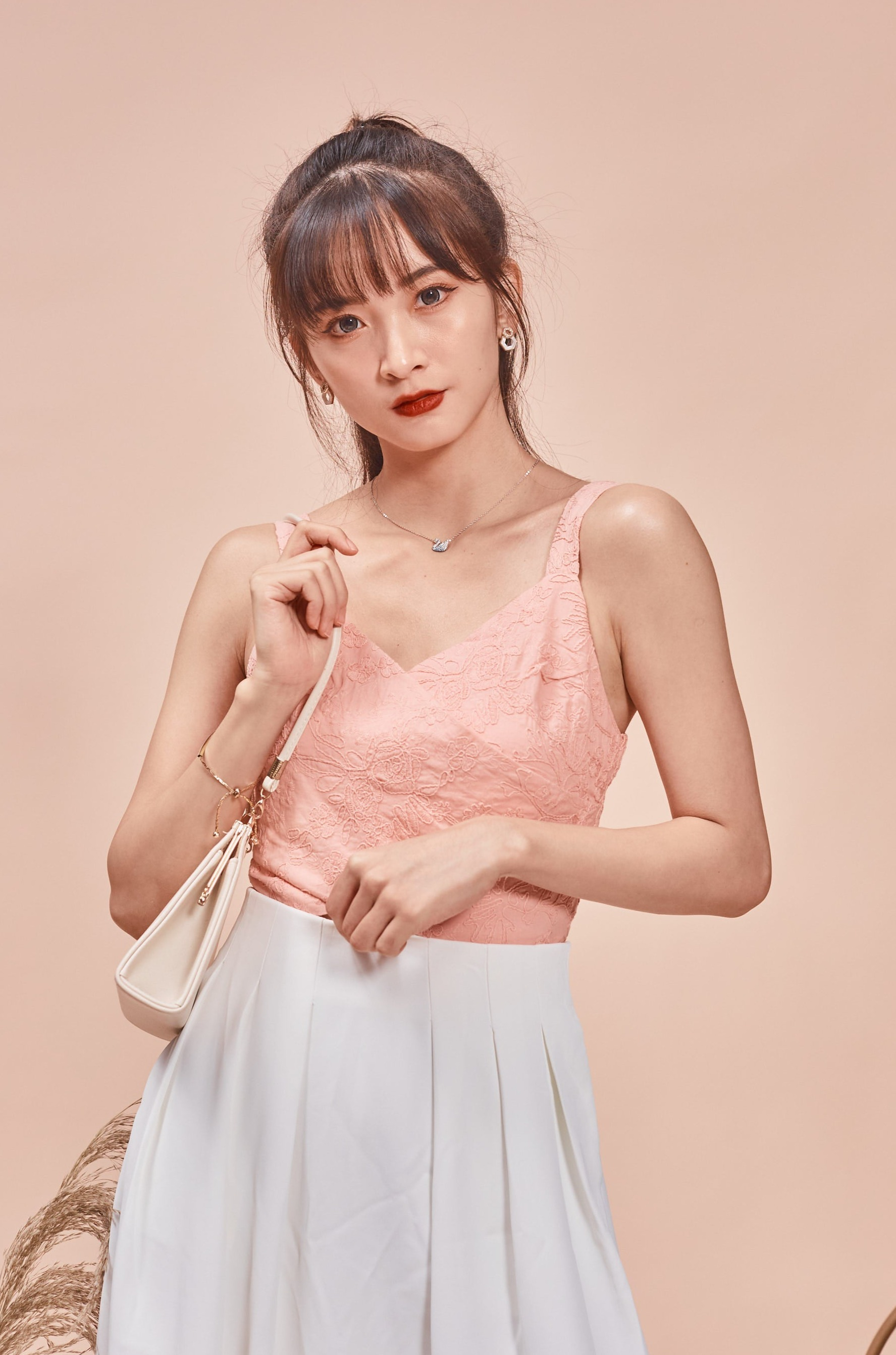 Claudia Crossover Lace Cami Top- pink (7398352715927)